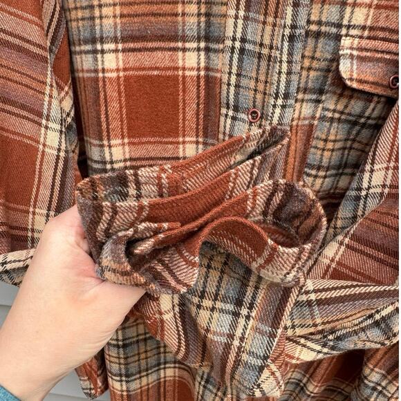 Umgee 1XL Burnt Orange Rust Plaid Hi-Lo Loose Fit Flannel Button Down Shacket - Picture 9 of 12